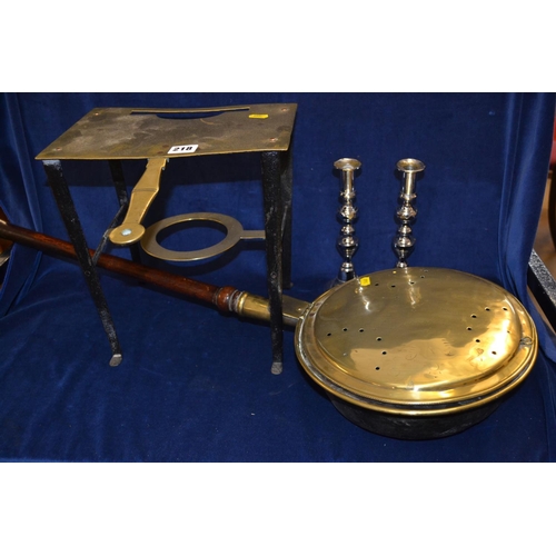 218 - 18TH CENTURY BRASS AND IRON FOOTMAN, 19TH CENTURY BRASS WARMING PAN AND PAIR OF METAL CANDLESTICKS