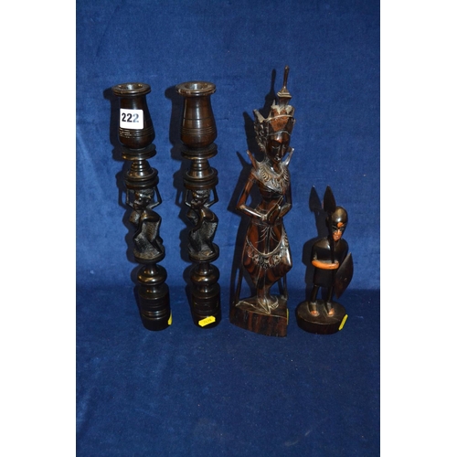 222 - PAIR OF AFRICAN EBONY FIGURAL CANDLESTICKS, FIGURE OF WARRIOR AND CARVED HARDWOOD EASTERN FIGURE