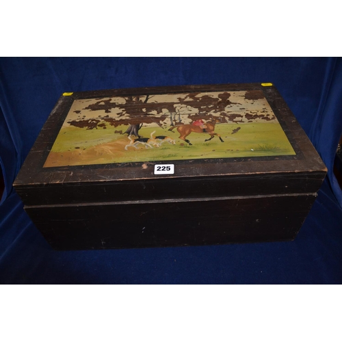 225 - 19TH CENTURY PAINTED PINE BOX WITH HINGED LID DECORATED HUNTING SCENE