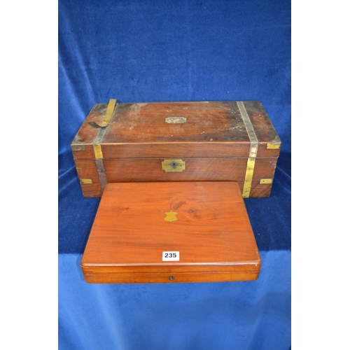 235 - 19TH CENTURY BRASS BOUND WALNUT WRITING SLOPE AND MAHOGANY CUTLERY BOX FITTED TRAY