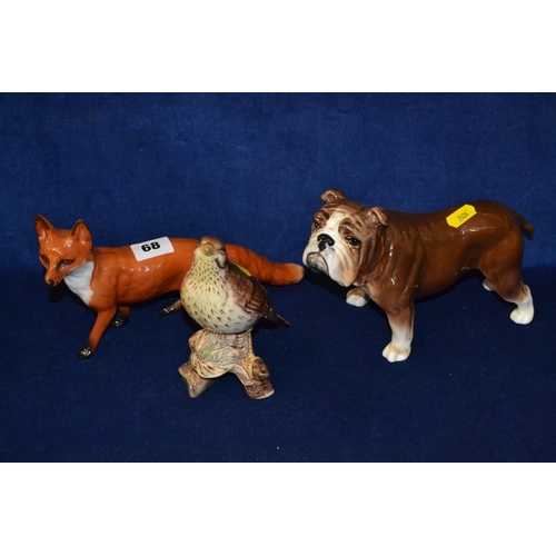 68 - SYLVAC BULLDOG, BESWICK SONG THRUSH AND BESWICK FOX