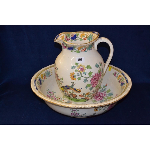 89 - 19TH CENTURY SPODE TOILET JUG AND BOWL WITH ORIENTAL DECORATION DEPICTING EXOTIC BIRDS AND BLOSSOM