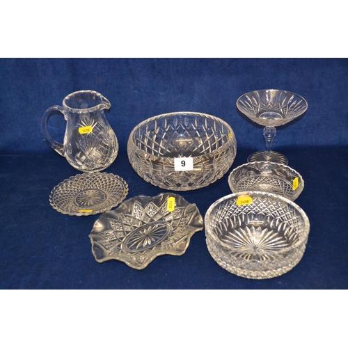 9 - ROYAL DOULTON CUT GLASS FRUIT BOWL, STUART CUT GLASS FRUIT BOWL, CUT GLASS JUG, 3 DISHES AND TAZZA