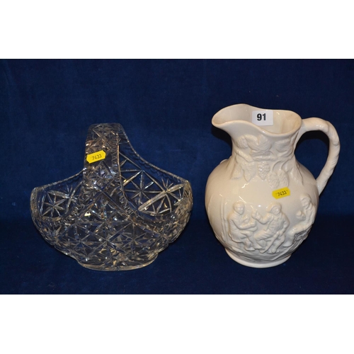 91 - ARTHUR WOOD WHITE POTTERY JUG EMBOSSED TAVERN SCENES AND CUT GLASS BASKET