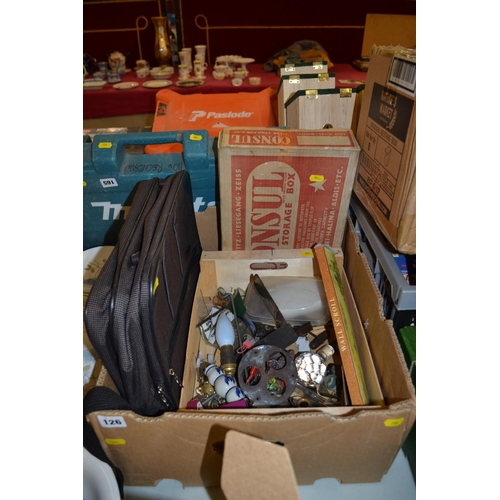 126 - CONSOL STORAGE BOX AND BOX OF MISCELLANEOUS ITEMS