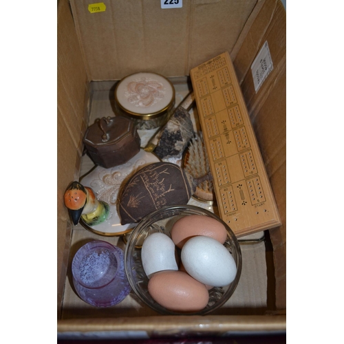 225 - BOX OF CRIB BOARD, DRESSING TABLE SET, EGGS, ETC