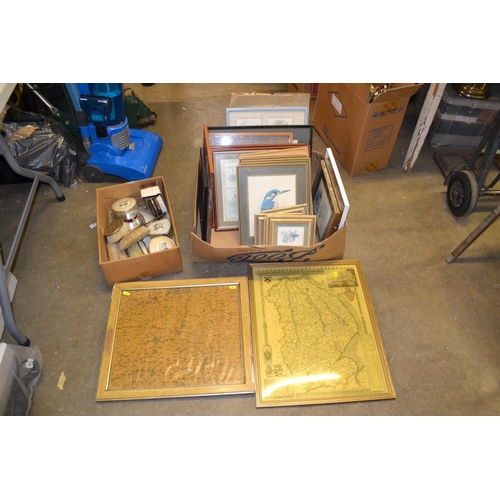 236 - BOX OF PICTURES, DRESSING TABLE SET, ETC