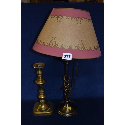 317 - BRASS TABLE LAMP AND CANDLESTICK