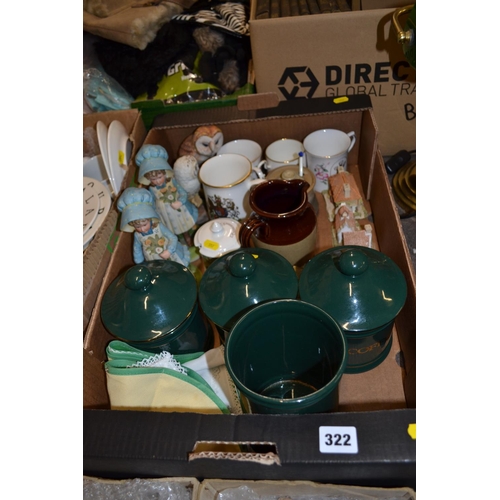 322 - QUANTITY OF FIGURES, REGENCY STORAGE JARS, COMMEMORATIVE MUGS, ETC