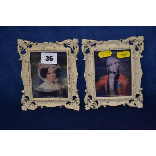 36 - PAIR OF RECTANGULAR PRINTS OF LADY AND GENT IN PAINTED FRAMES