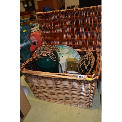 365 - CANE PICNIC HAMPER, VASES, GLASS FLOAT, ETC