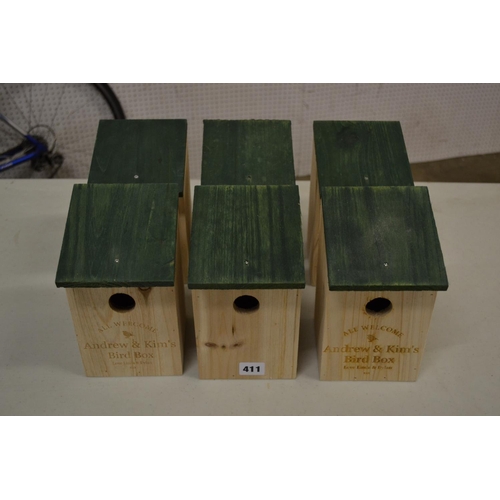 411 - 6 WOODEN BIRD BOXES (2 PERSONALISED)