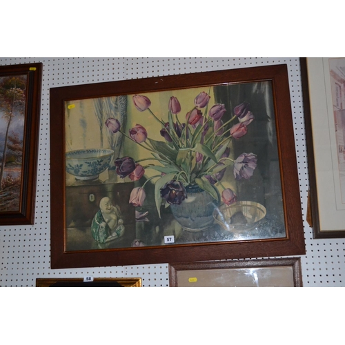 57 - STILL LIFE COLOURED PRINT IN OAK FRAME