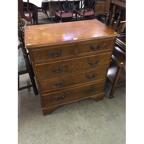 637 - REPRODUCTION YEW WOOD CHEST OF 5 DRAWERS