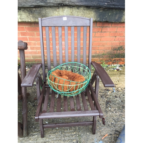 651 - WOODEN FOLDING GARDEN ARMCHAIR AND HANGING BASKETS