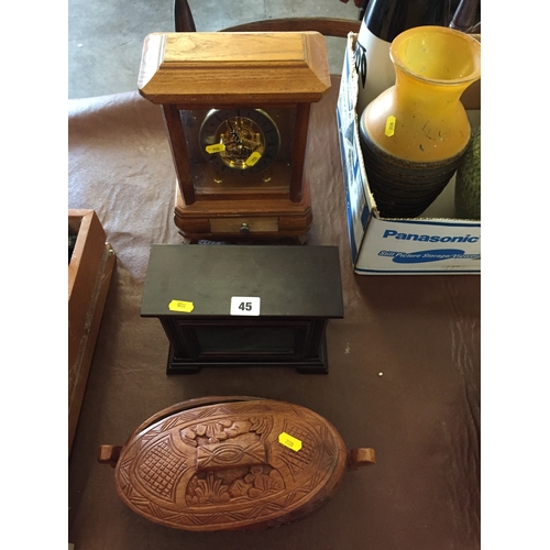 45 - MANTEL CLOCK, MAHOGANY CABINET AND CARVED WOOD POT