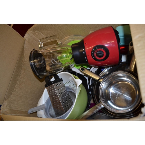 106 - SET OF 5 GRADUATED STAINLESS STEEL SAUCEPANS, LIQUIDISER, COOKING UTENSILS, ETC