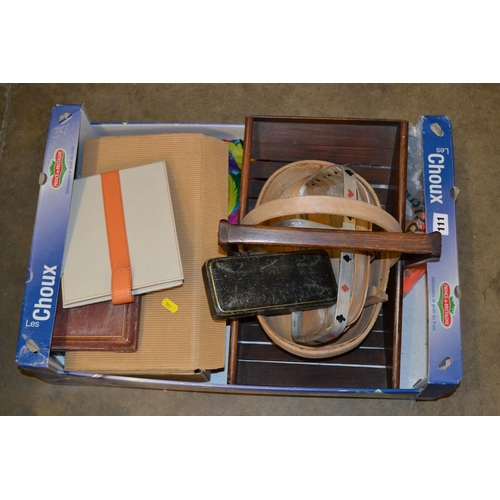 111 - 3 VARIOUS TRUGS, PAIR OF CHURCH CANDLES, 19TH CENTURY LEATHER CHRISTENING SET CASE, 19TH CENTURY LEA... 