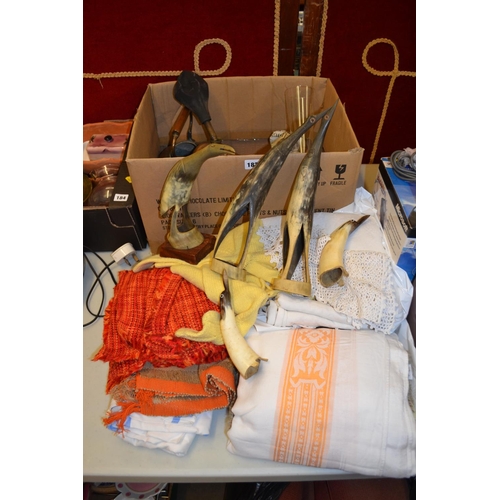 183 - BOX OF TABLE LINEN, GLASSES, COPPER HORN (A/F), ETC