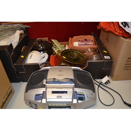 184 - BOX OF KITCHENWARE AND MATSUI CD PLAYER