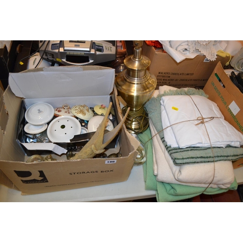 186 - BOX OF TABLE LAMP, BLANKETS, ETC