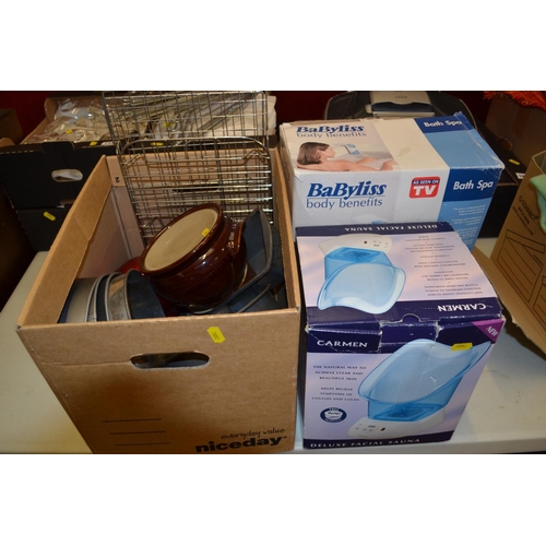 187 - BOX OF KITCHENWARE, FACIAL SAUNA AND BABYLISS BATH SPA