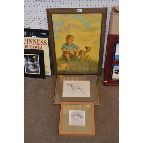 194 - PRINT OF BOY AND DOG, DRAWING OF DOG AND PRINT OF GIRL
