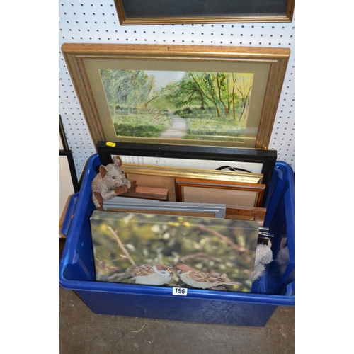 196 - BOX OF PICTURES AND FRAMES, ETC