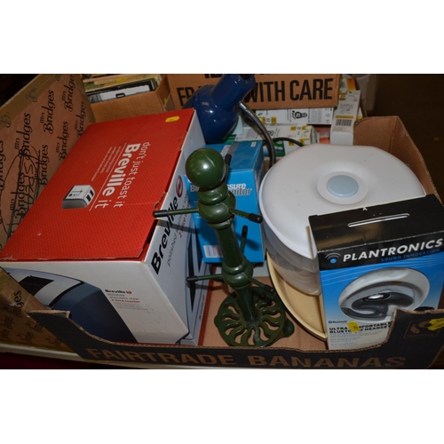 212 - BOX OF BREVILLE TOASTER, BLOOD PRESSURE MONITOR, BLUETOOTH HEADSET, ETC