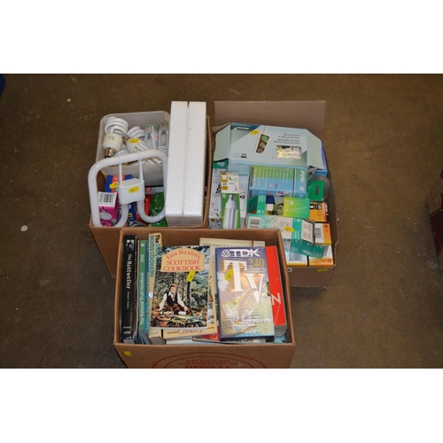 214 - 2 BOXES OF BULBS AND BOX OF BOOKS