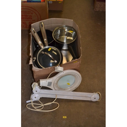 216 - BOX OF SAUCEPANS AND MAGNIFYING LAMP