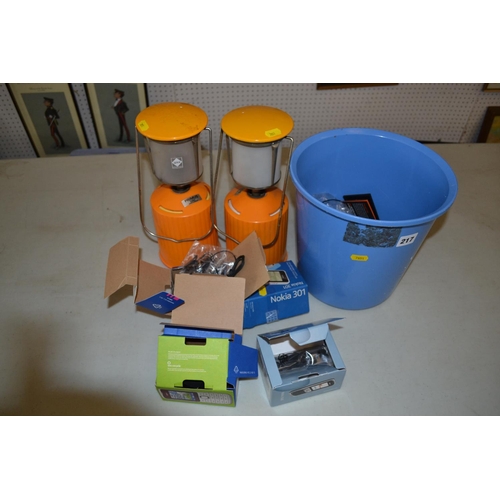217 - BUCKET OF PHONE CHARGERS AND 2 PRIMUS 2250 LAMPS