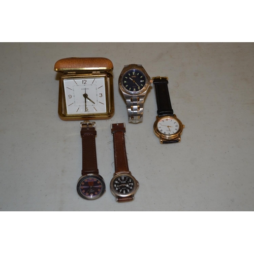 222 - 4 MENS WATCHES AND TRAVEL CLOCK
