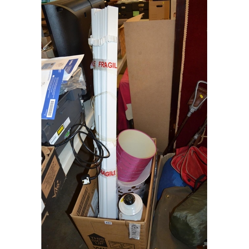 227 - BOX OF TABLE LAMP, SHADES AND BLIND