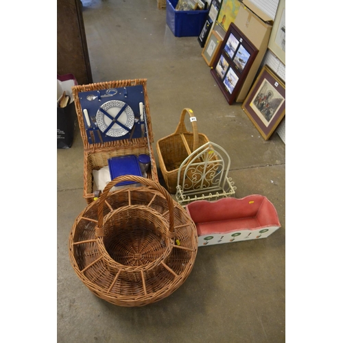 61 - CANE PICNIC BASKET, WINE BASKET, BASKET TRUG, IRON WALL BRACKET, PAINTED TROUGH