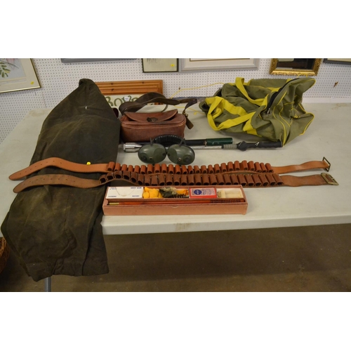 62 - JOHN DEERE CANVAS HOLDALL, LEATHER CARTRIDGE BAG, 2 LEATHER CARTRIDGE BELTS, WEBLEY GUN CLEANING KIT... 
