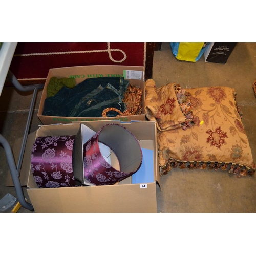 64 - 2 TAPESTRY CUSHION COVERS, LAMPSHADES, ETC