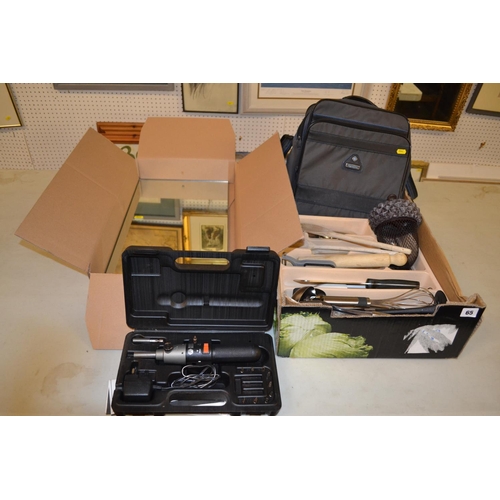 65 - BLACK AND DECKER 9018 CORDLESS SCREWDRIVER, WALL MIRROR, QUANTITY OF CUTLERY, ETC