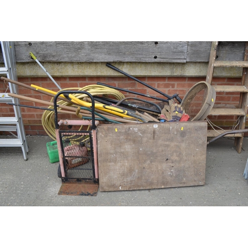 721 - WHEELBARROW, HOSE, TOOLS, FOLDING TABLE