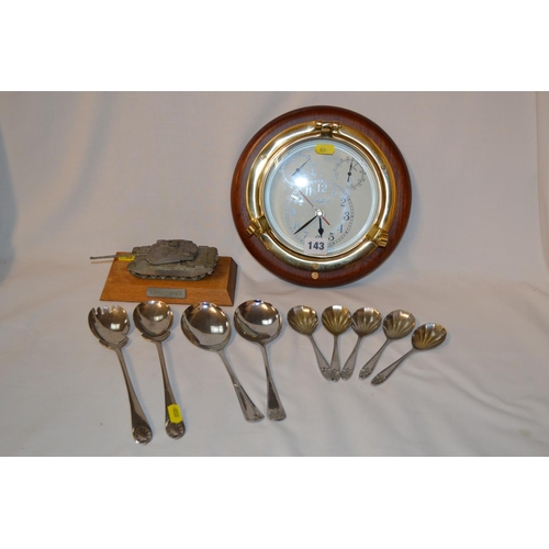 143 - MODEL OF CHALLENGER TANK ON OAK PLINTH, PORTHOLE CLOCK AND SERVING SPOONS