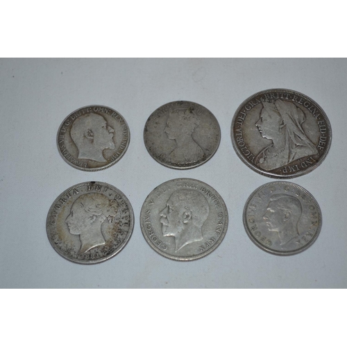 292 - 1898 SILVER CROWN, 1881 & 1929 HALF CROWNS, 1949 TWO SHILLING, TWO FLORINS