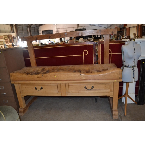 405 - LARGE OAK BUTCHERS BLOCK WITH 2 DRAWERS UNDER AND UTENSILS RACK OVER