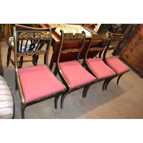 444 - SET OF 4 REGENCY PAINTED BAR BACK DINING CHAIRS ON SABRE LEGS