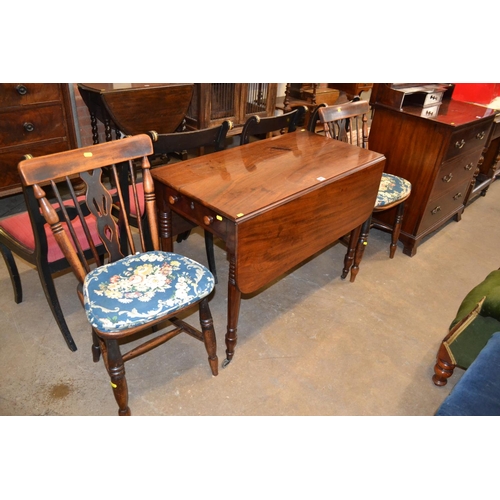 445 - PAIR OF 19TH CENTURY ELM SPINDLE AND PIERCED SPLAT BACK KITCHEN CHAIRS AND 19TH CENTURY MAHOGANY PEM... 