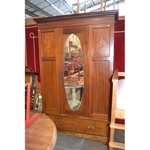 485 - EDWARDIAN INLAID MAHOGANY WARDROBE WITH OVAL MIRROR PANEL DOOR, LONG DRAWER UNDER