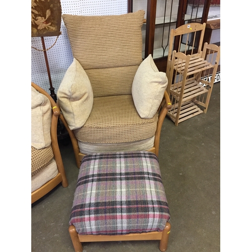 561 - ERCOL GOLDEN OAK 2 SEATER SETTEE, PAIR OF ARMCHAIRS AND PAIR OF STOOLS