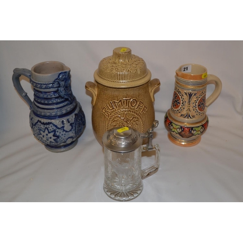 21 - GERMAN ETCHED GLASS TANKARD WITH PEWTER LID, 2 GERMAN STONEWARE JUGS AND RUMTOPF POT