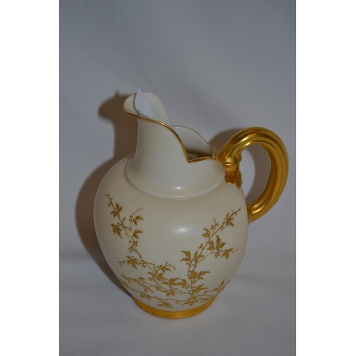 3 - ROYAL WORCESTER IVORY WARE JUG WITH HAND PAINTED GOLD MAPLE DECORATION AND REEDED LOOP HANDLE, PATTE... 