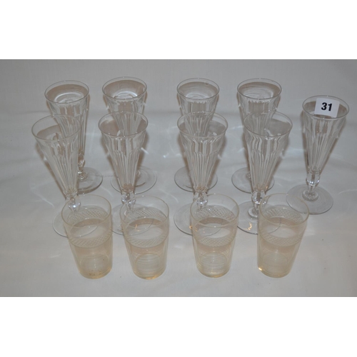 31 - NINE 19TH CENTURY FACETED CRYSTAL CHAMPAGNE FLUTE GLASSES AND 4 CUT GLASS TUMBLERS