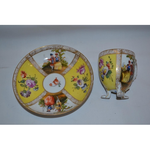 38 - LATE 19TH CENTURY DRESDEN CUP AND SAUCER, YELLOW GROUND WITH PANELS DEPICTING FIGURES AND FLOWERS, G... 